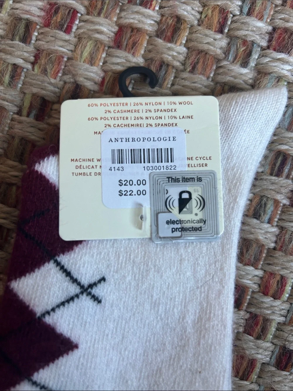 Anthropologie White Socks with Burgundy Argyle
